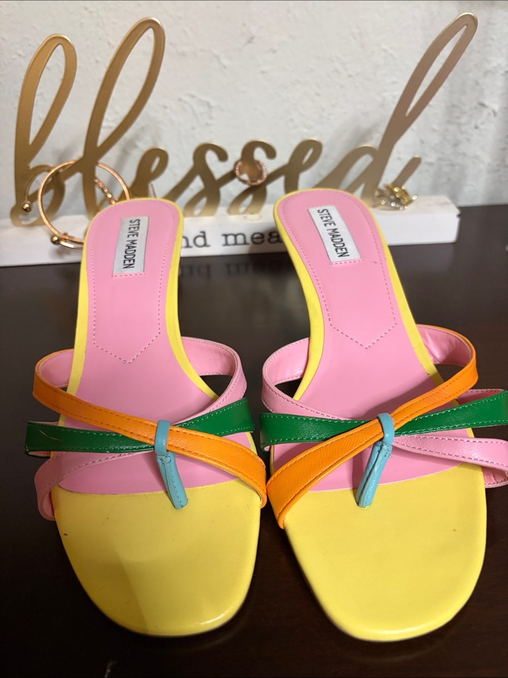 Steve Madden Multicolor Knot Strap Slide Sandals — Pink, Yellow, Green